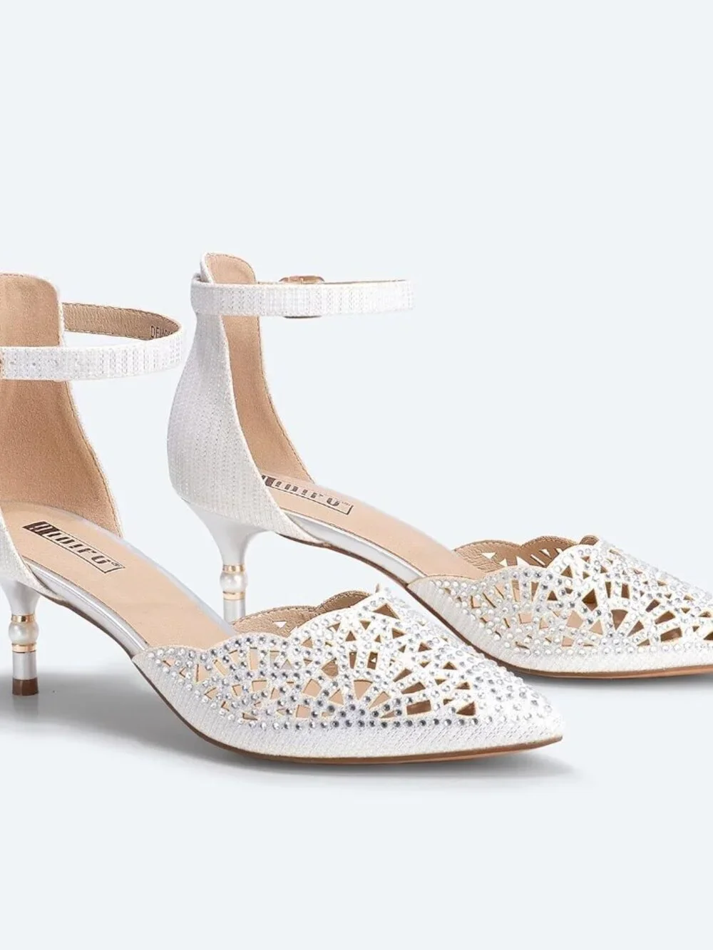 Women's White Rhinestones Low Kitten Heels Pumps Evening Dress Shoes